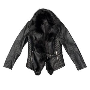NWOT Akira black faux leather fur coat size large